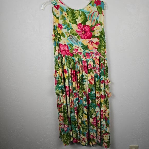 Vtg Bila Tropical Green Button Down Dress Midi Length Floral Colorful Beach S - Picture 2 of 13
